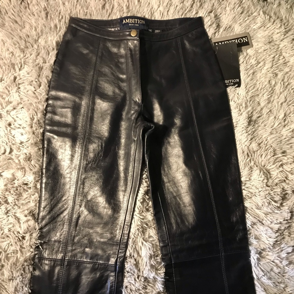Cow Pull Up Genuine Navy Dark Blue Leather Pants